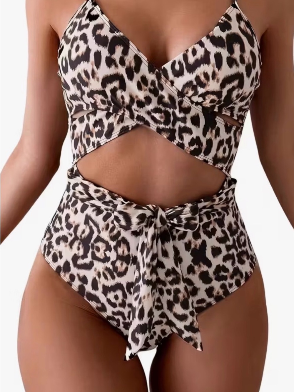 Leopard Print Cutout One-Piece Swimsuit - Beige/Black